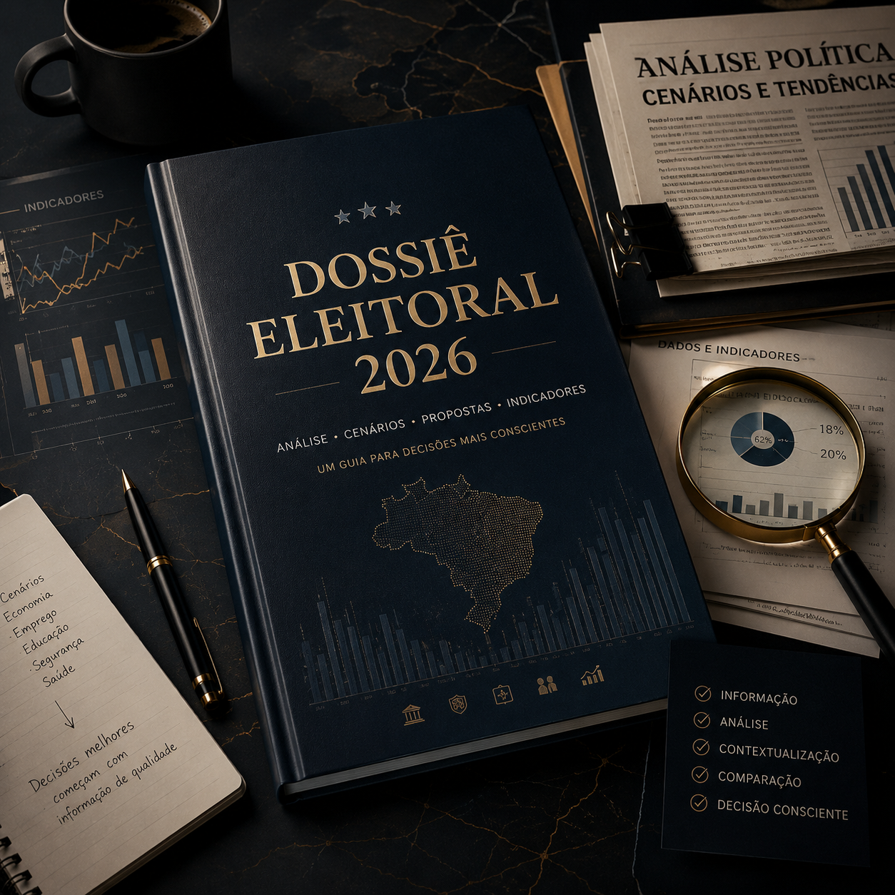 Dossiê Eleitoral 2026 sobre a mesa, ao lado de relatórios, gráficos e análises